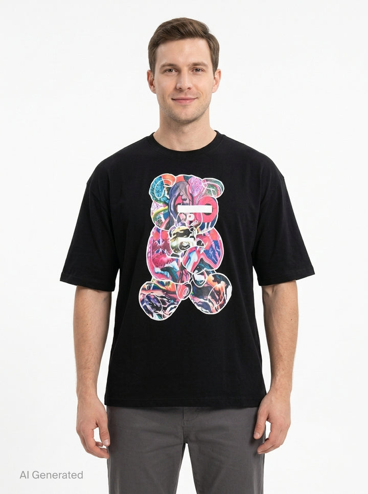 Undercover Bear Print Tee in black, featuring an oversized collage-style multicolour teddy bear graphic on the chest, laid flat on a white background - front