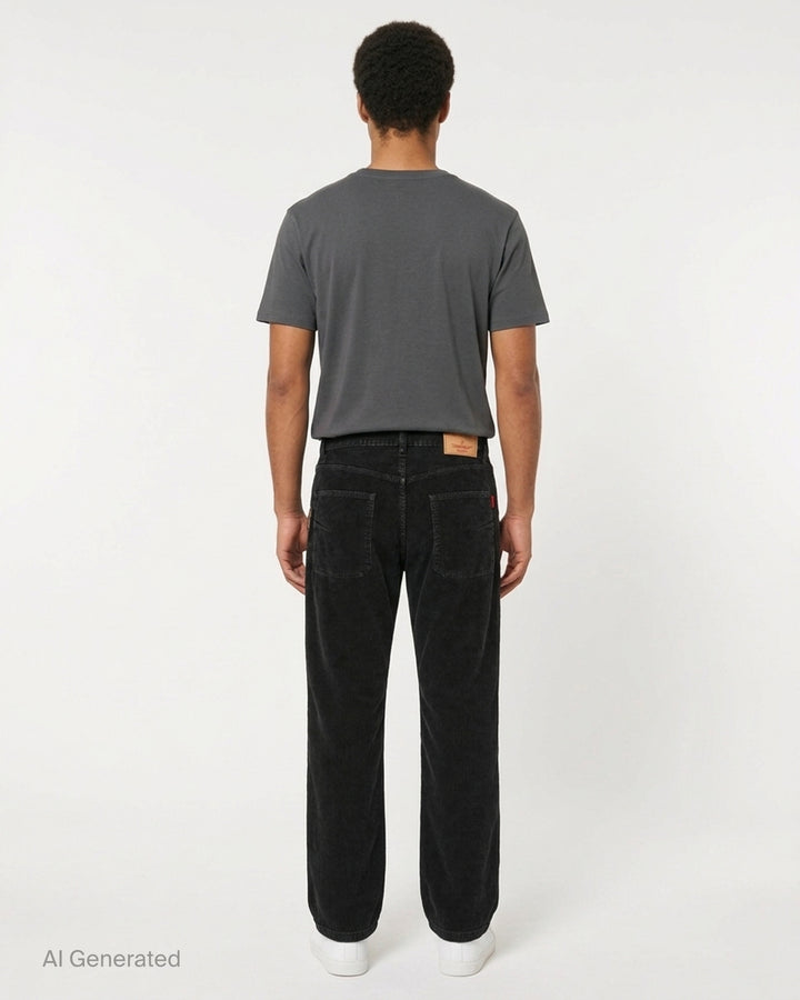 Undercover black corduroy pants with straight legs, knee seams and five-pocket styling, shown front view - back