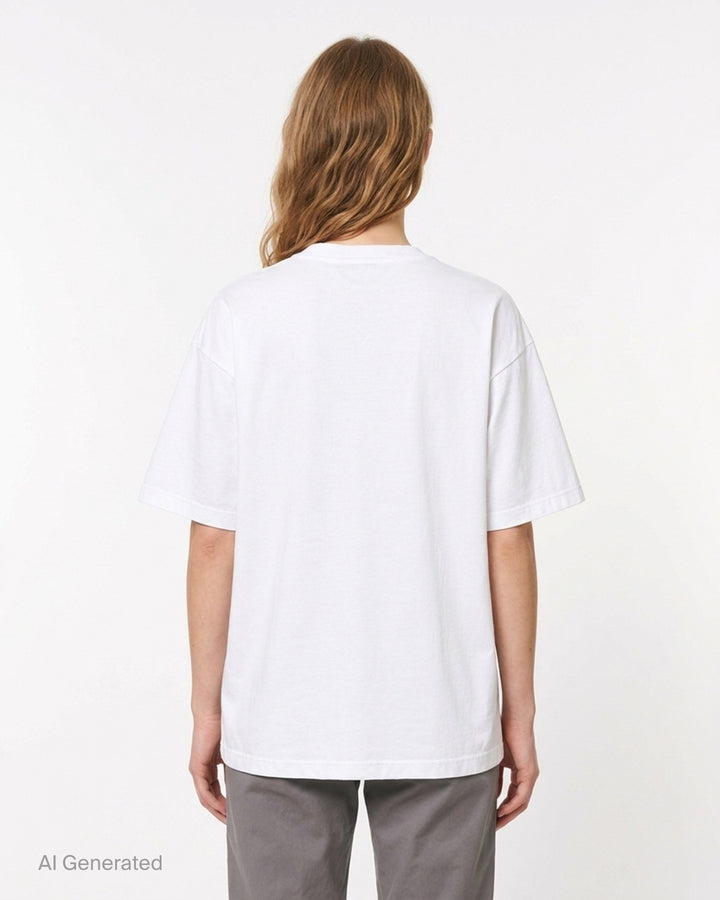 White oversized Undercover t-shirt with a black cat graphic featuring a classical portrait collage and a floral bow tie - back