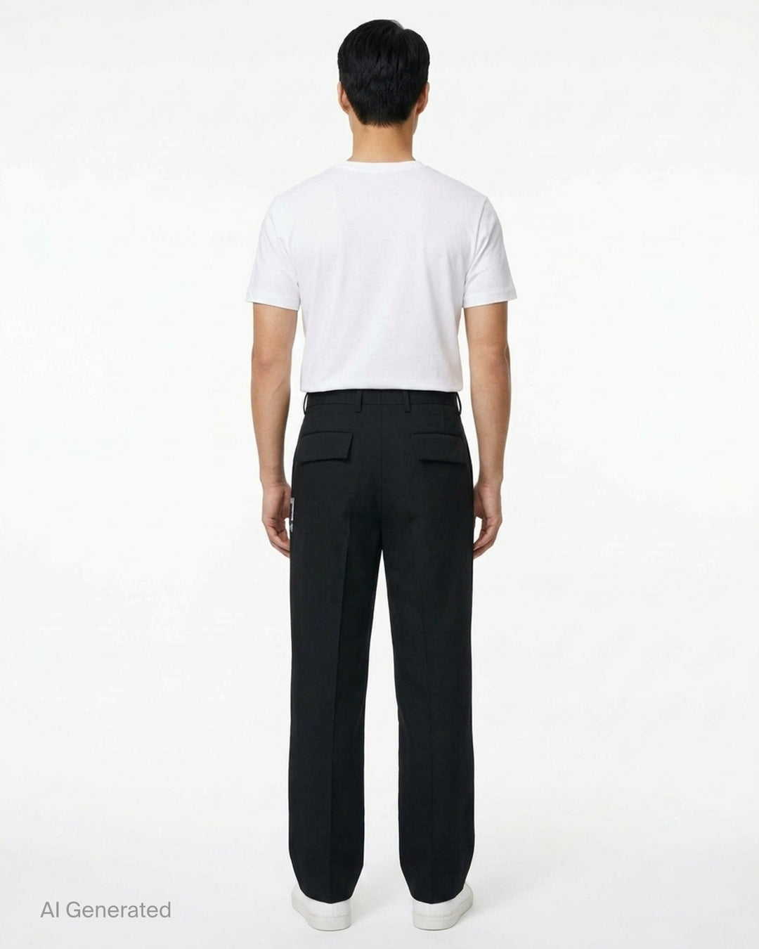 Undercover Cindy Sherman Patch Trousers in black, front view showing straight-leg tailored cut with pressed crease and patch detail - back
