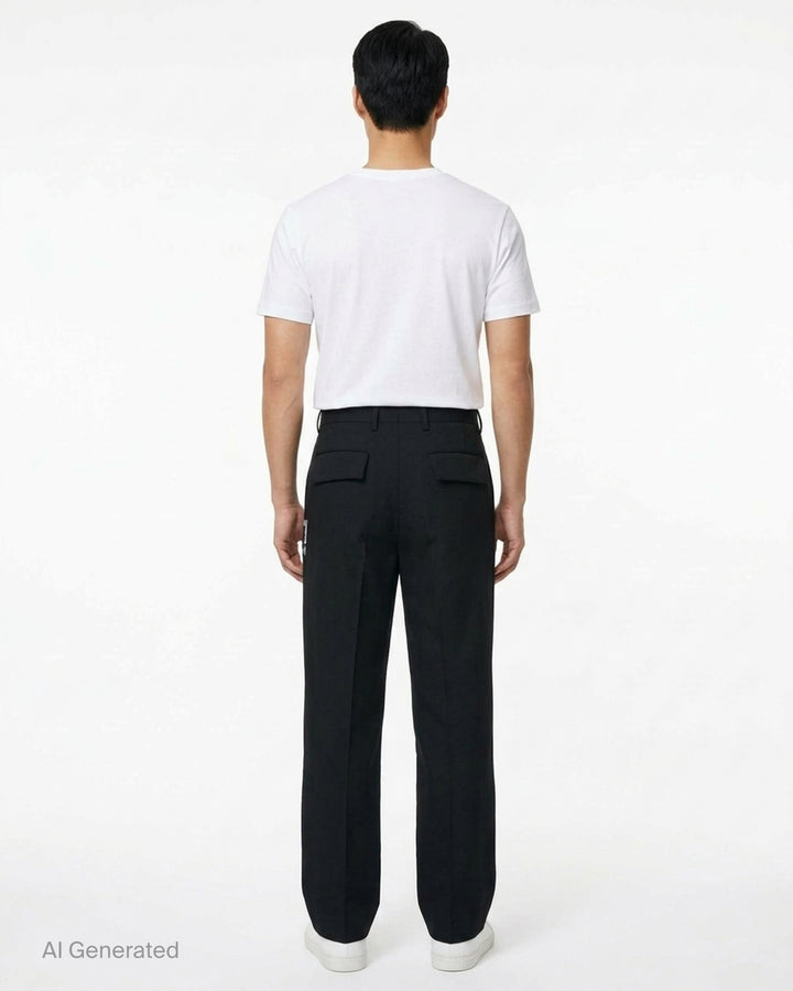 Undercover Cindy Sherman Patch Trousers in black, front view showing straight-leg tailored cut with pressed crease and patch detail - back