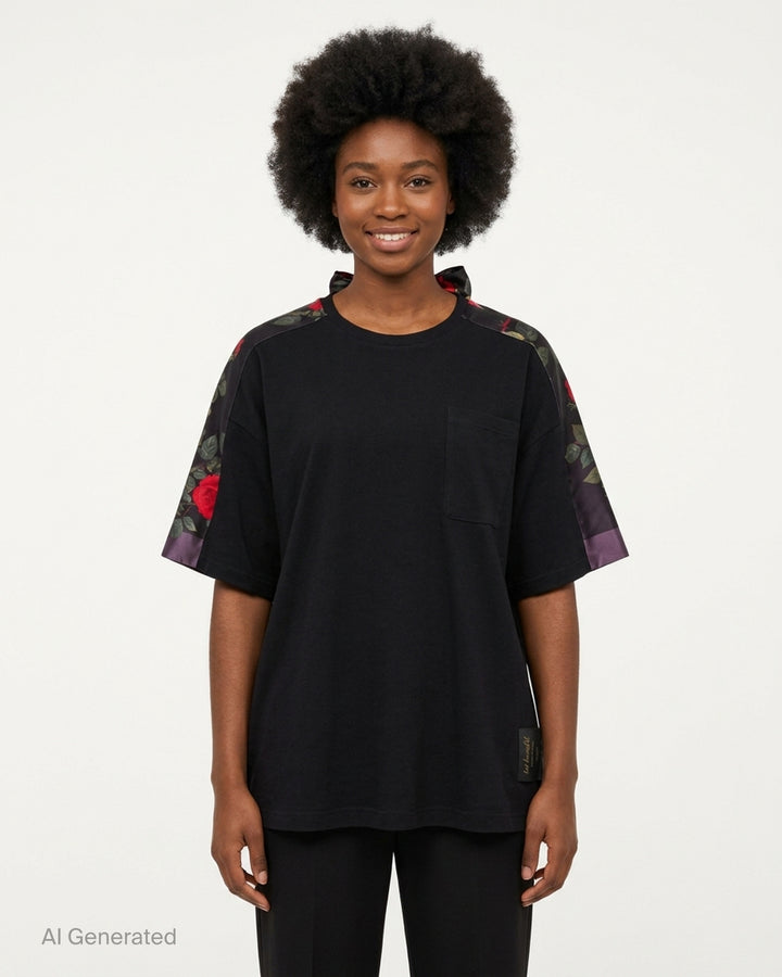 Undercover Floral Sleeve Panel Tee in black with rose-print satin sleeve panels, chest pocket and knotted satin tie at the back neckline - front