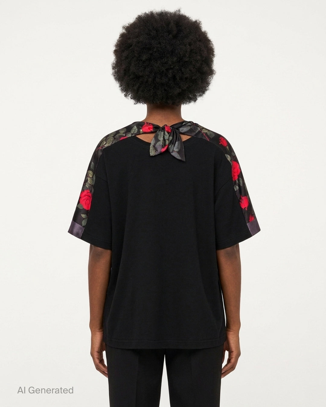 Undercover Floral Sleeve Panel Tee in black with rose-print satin sleeve panels, chest pocket and knotted satin tie at the back neckline - back