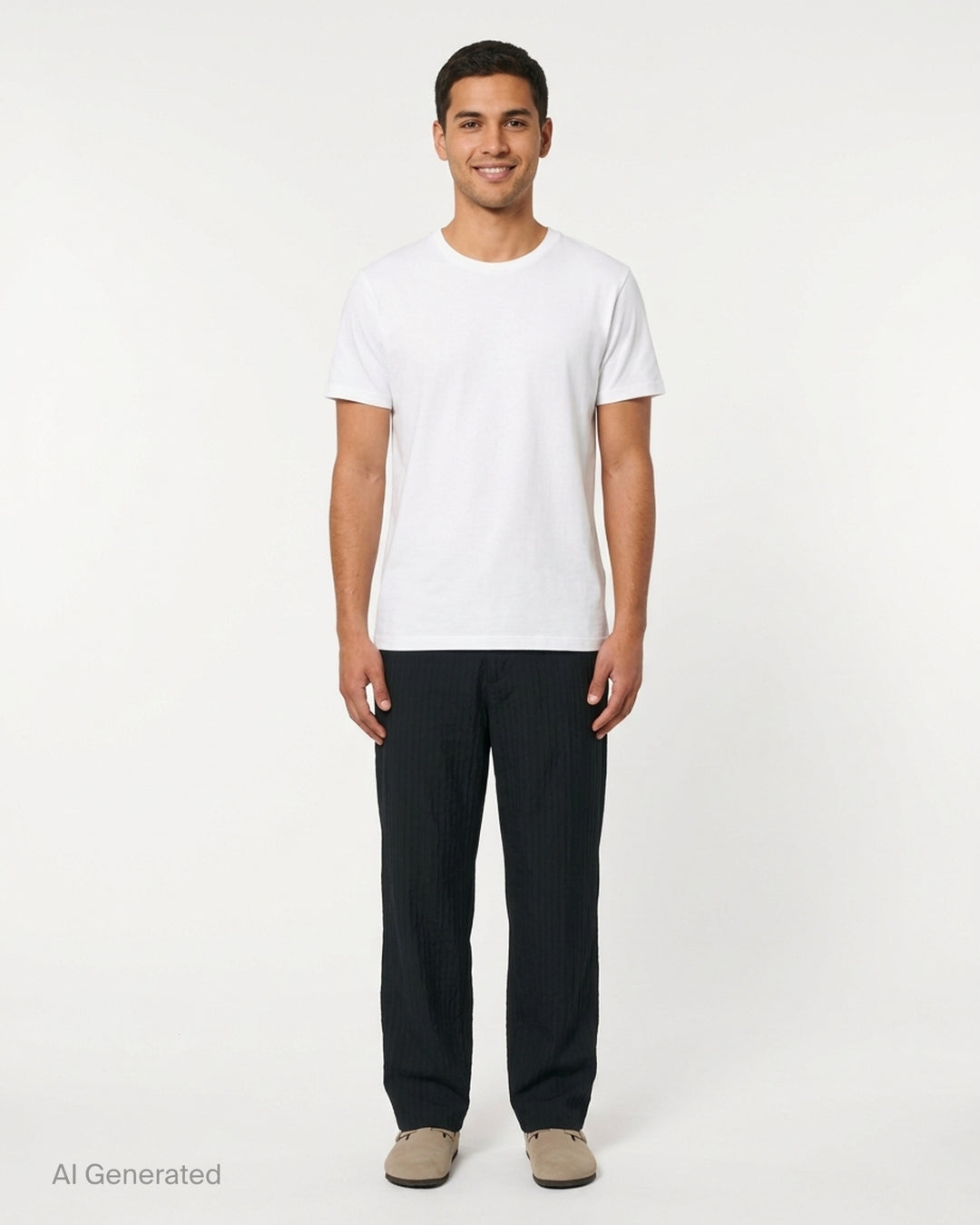 Undercover black stripe wool pants with tonal pinstripe texture, button waistband and straight leg, shown front view - front