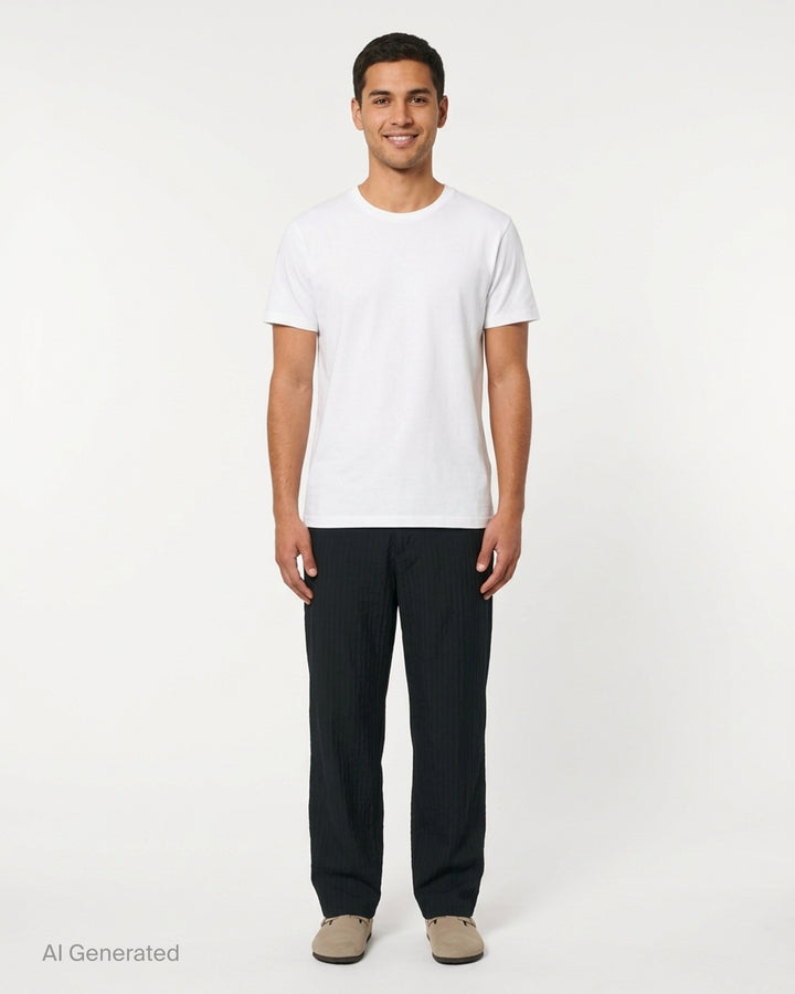 Undercover black stripe wool pants with tonal pinstripe texture, button waistband and straight leg, shown front view - front