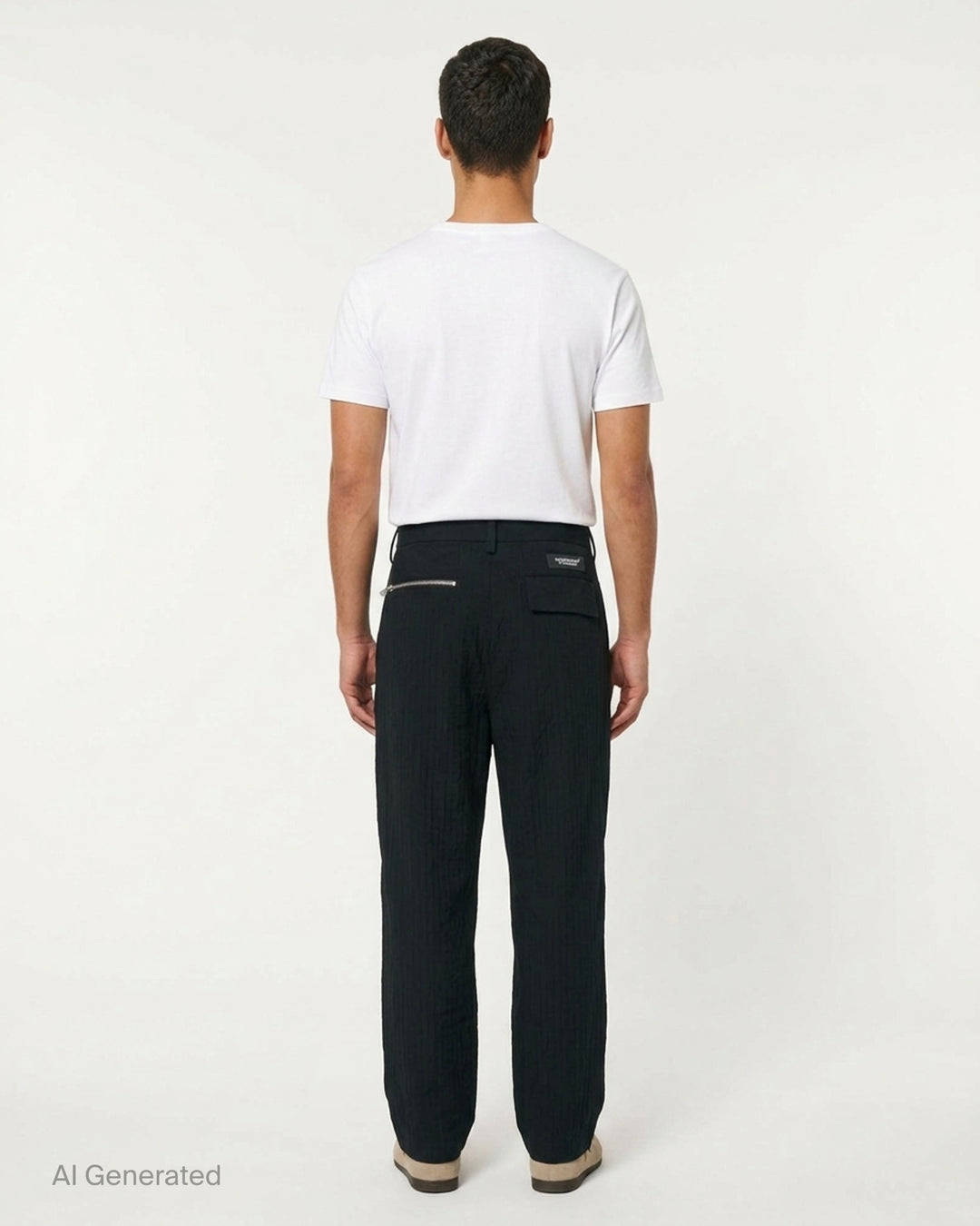 Undercover black stripe wool pants with tonal pinstripe texture, button waistband and straight leg, shown front view - back