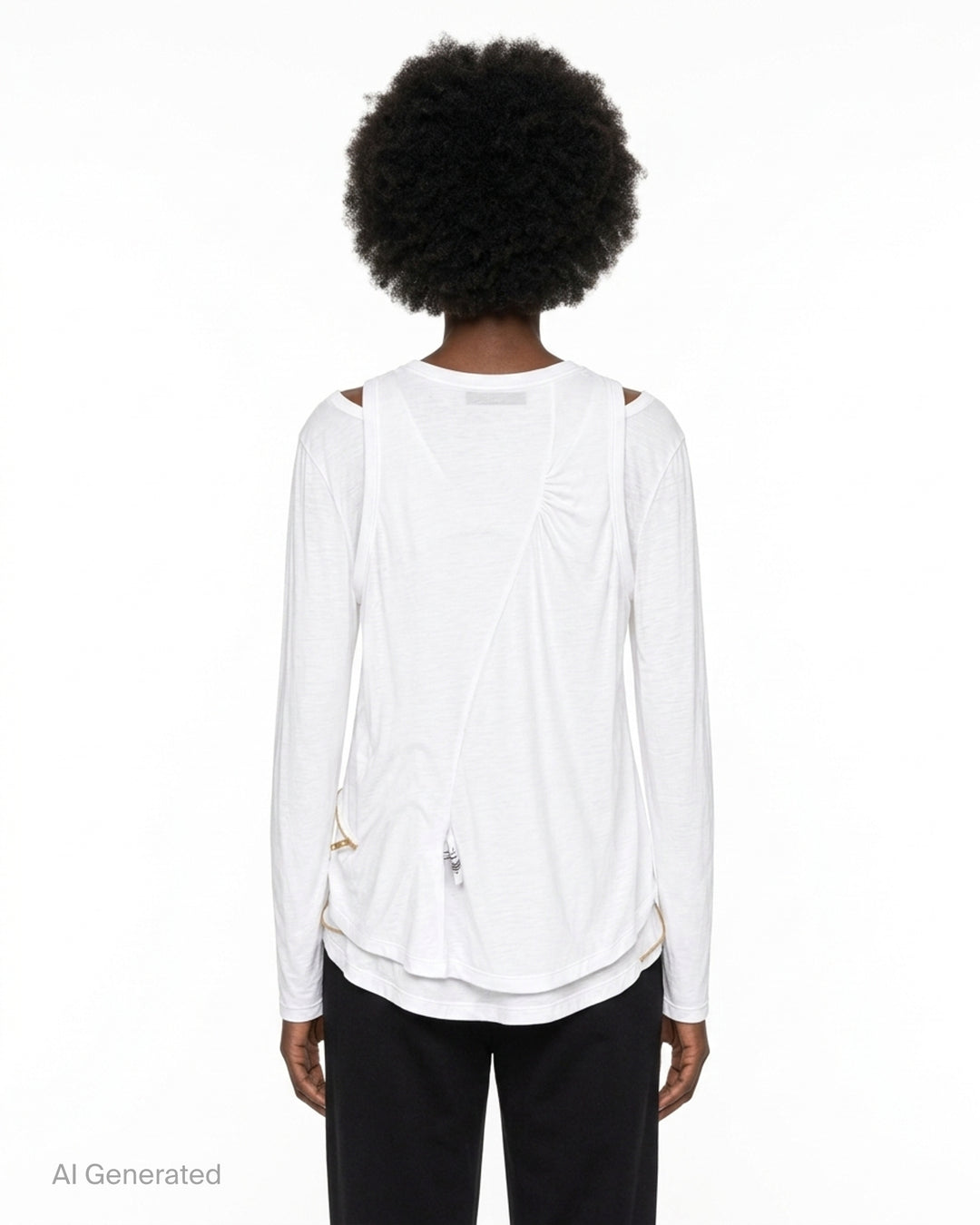 Undercover black layered long sleeve tee with tank overlay, cut-out shoulders and gold zip trim along the hem - back