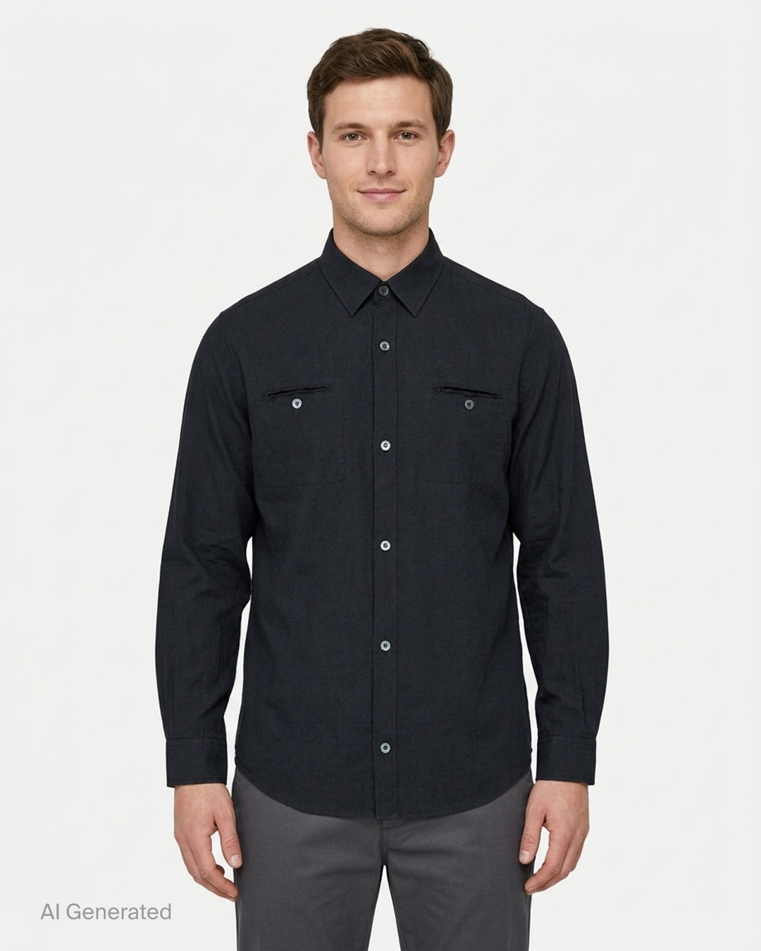 Undercover two pocket long sleeve shirt in washed black with raw-edged chest pockets and pearlescent buttons, front view - front