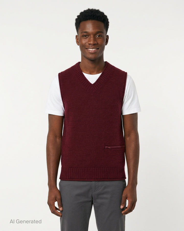 Undercover burgundy knit vest with ribbed V-neck and a horizontal zip pocket at the lower front - front