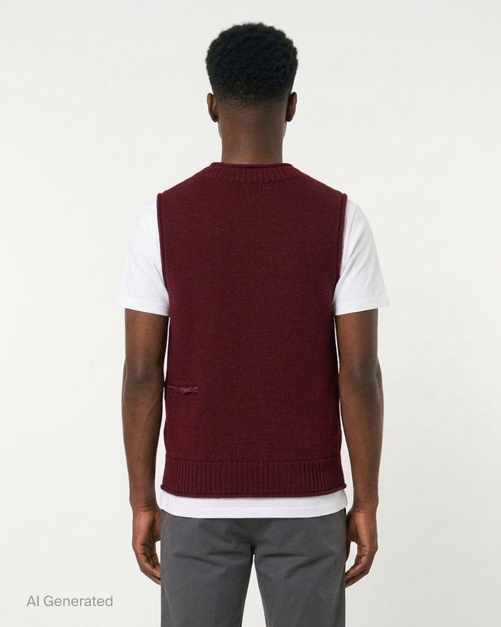 Undercover burgundy knit vest with ribbed V-neck and a horizontal zip pocket at the lower front - back