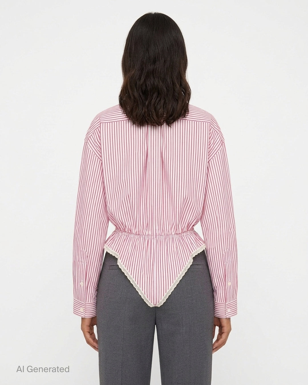 Vaquera red and white striped button-down shirt bodysuit with elasticated peplum waist and cream lace-trimmed leotard base - back