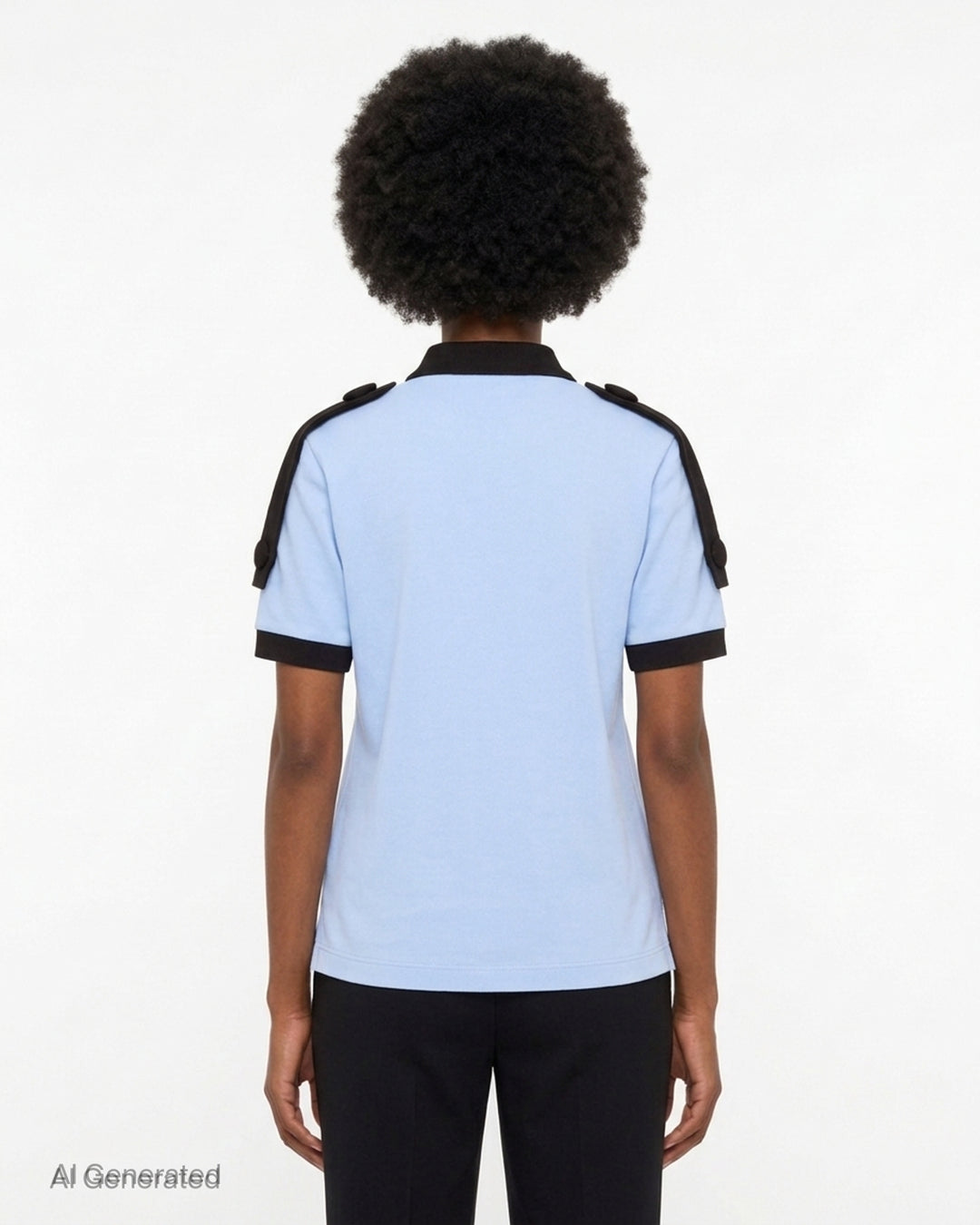 Vaquera light blue piqué polo with black collar, placket, epaulettes and cuffs, featuring a black heraldic crest print on the chest - back