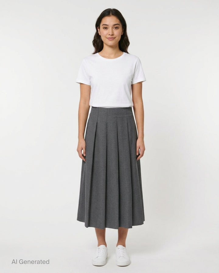 Vaquera heathered grey pleated midi skirt with box pleats and fitted waistband, shown flat on a white background - front