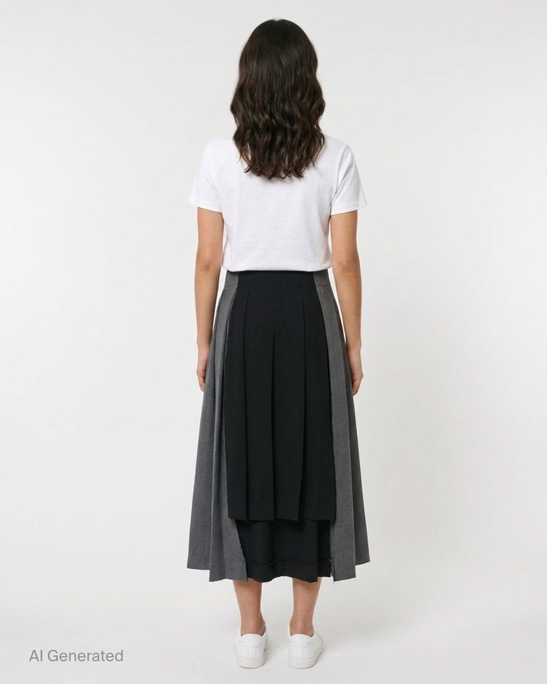 Vaquera heathered grey pleated midi skirt with box pleats and fitted waistband, shown flat on a white background - back