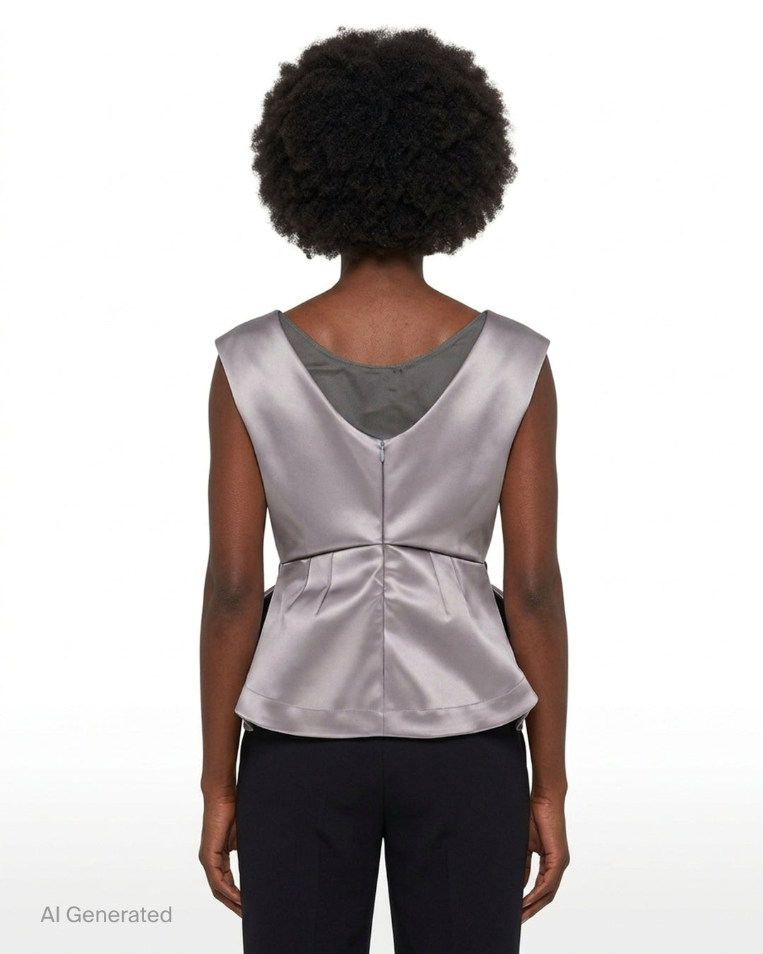 Vaquera grey satin sleeveless top with origami-style pleating, a scooped neckline and a slim black buckle belt at the waist - back