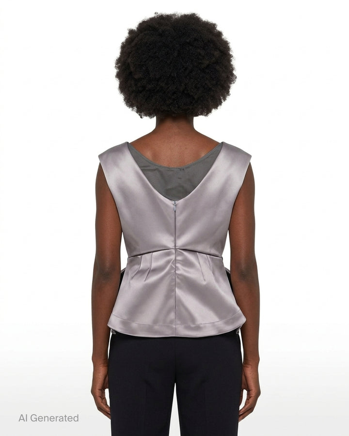 Vaquera grey satin sleeveless top with origami-style pleating, a scooped neckline and a slim black buckle belt at the waist - back