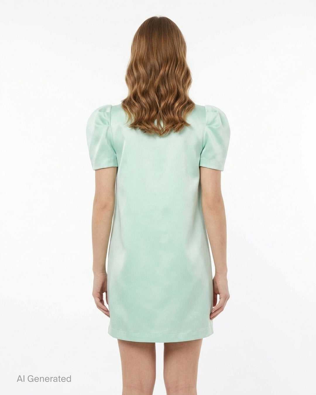 Vaquera mint green satin dress with puff sleeves and an oversized pleated bow at the front, shown flat against a white background - back