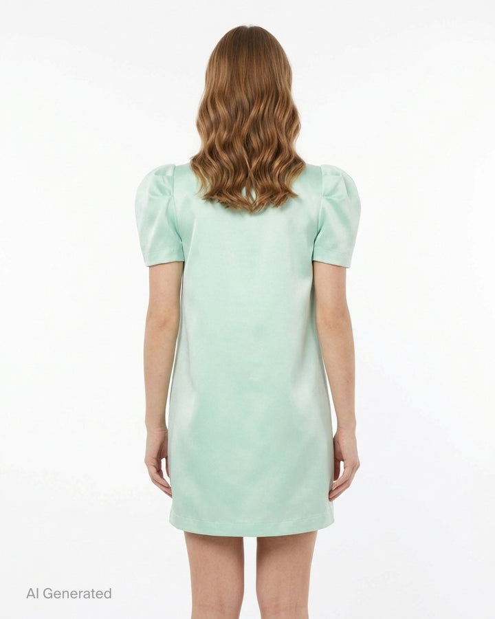 Vaquera mint green satin dress with puff sleeves and an oversized pleated bow at the front, shown flat against a white background - back