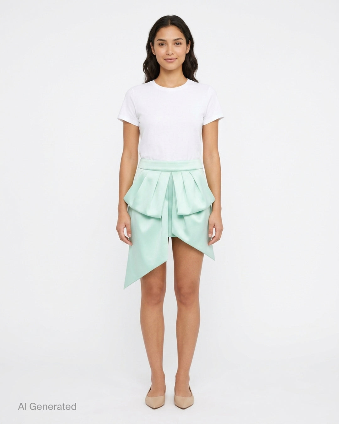 Vaquera mint green satin mini skirt with an oversized pleated bow overlay and long trailing tails, shown flat against a white background - front