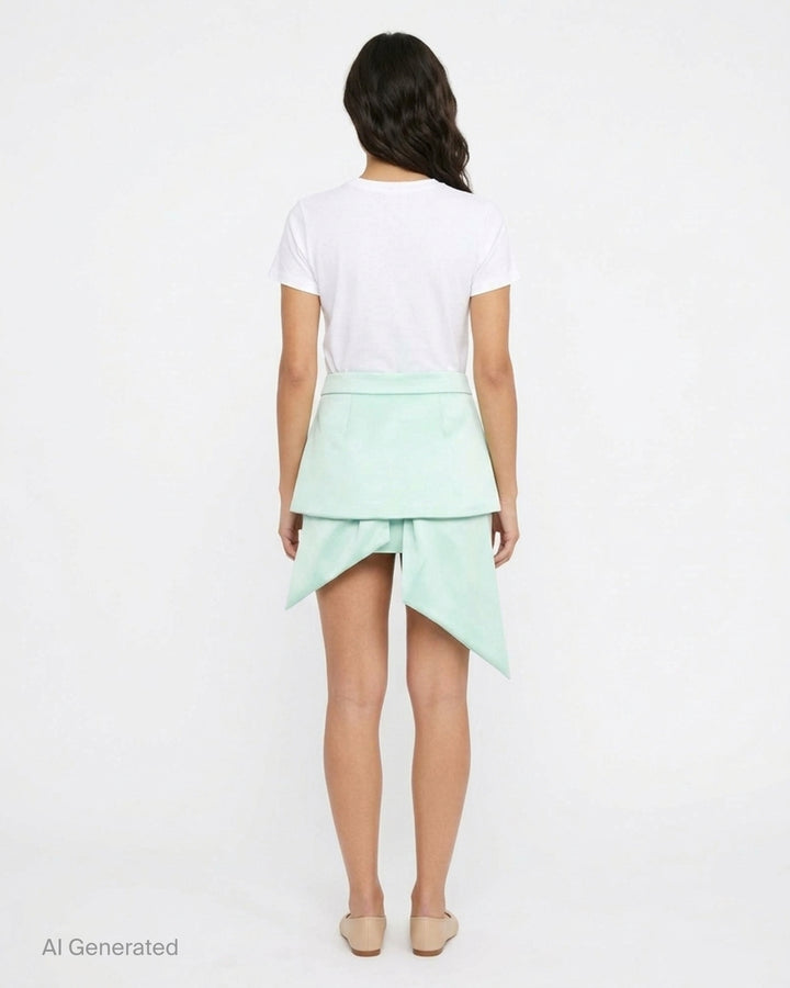 Vaquera mint green satin mini skirt with an oversized pleated bow overlay and long trailing tails, shown flat against a white background - back