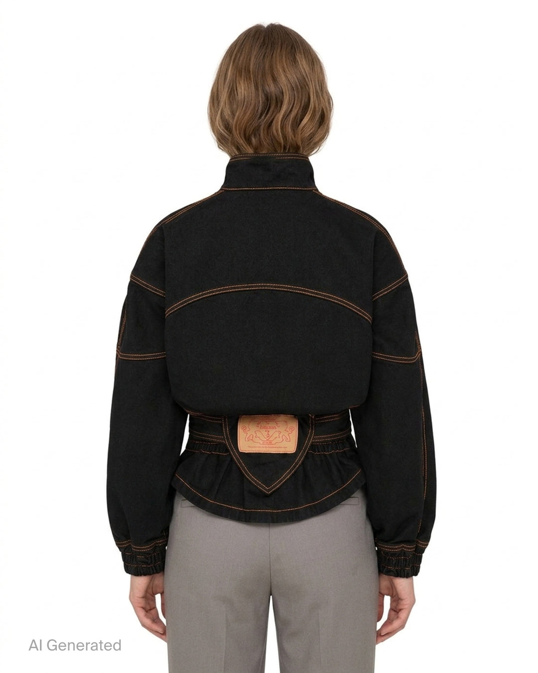 Vaquera women's black denim jacket with orange contrast topstitching, stand collar, button-tab pocket flaps, belted waist and elasticated cuffs - back