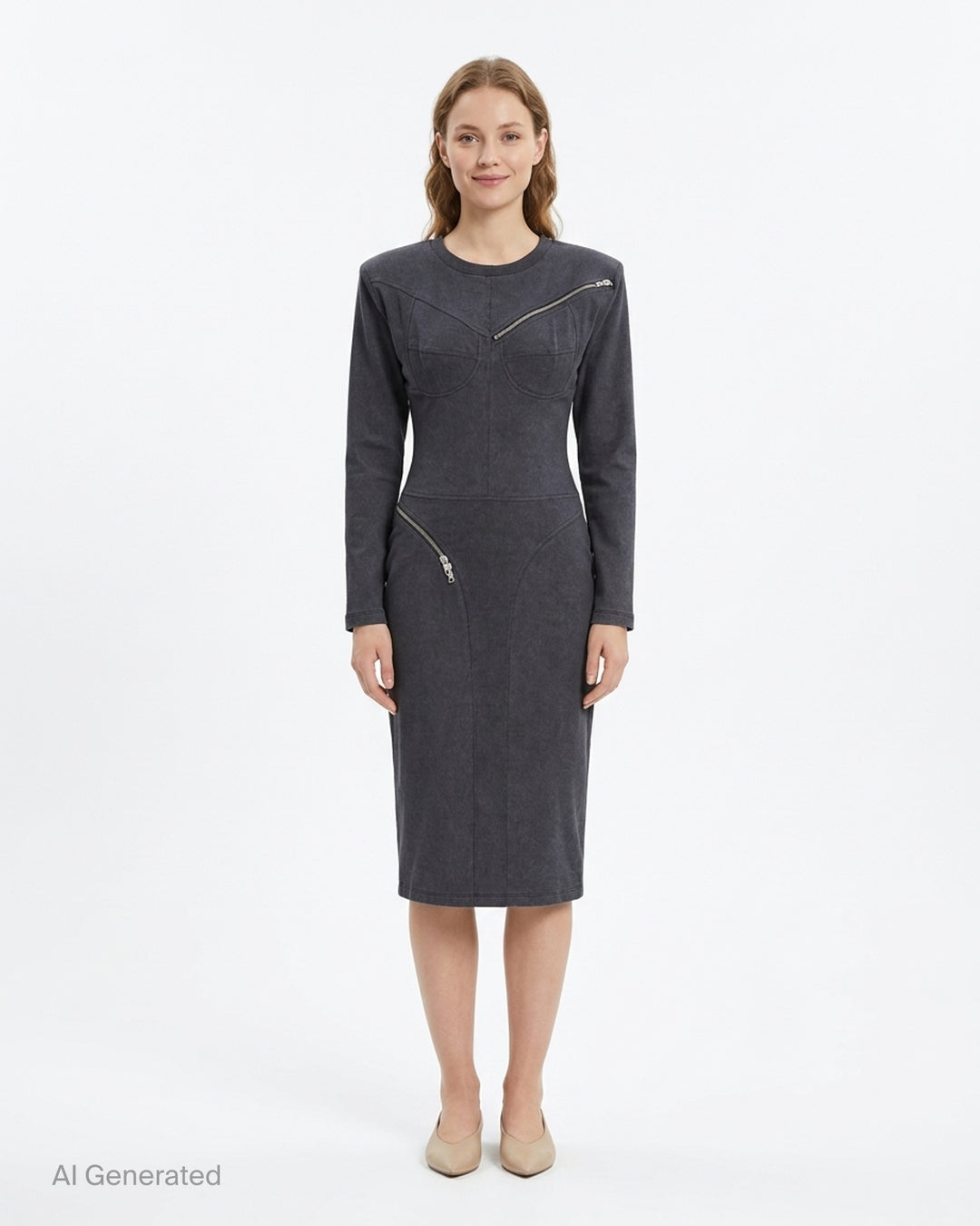 Vaquera women's charcoal long sleeve knit dress with corset-style bodice seams, padded shoulders and diagonal silver zippers - front