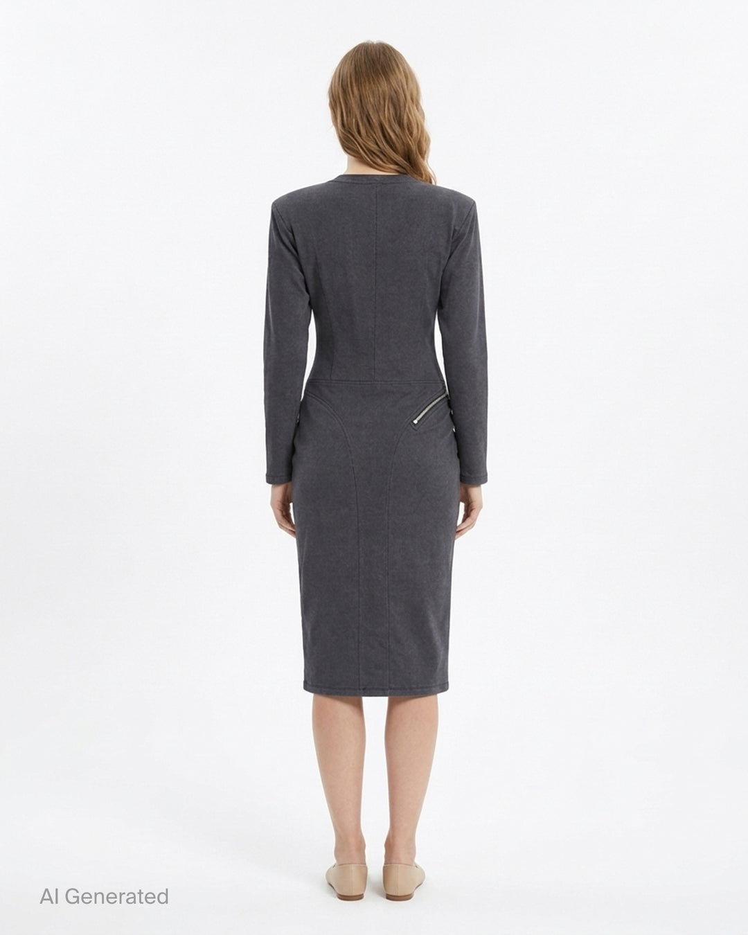 Vaquera women's charcoal long sleeve knit dress with corset-style bodice seams, padded shoulders and diagonal silver zippers - back