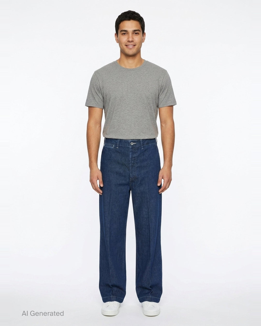 visvim Broader Wide-Leg Jeans in medium indigo denim, shown flat with a high-rise waist, pressed front crease, and wide straight-leg silhouette - front
