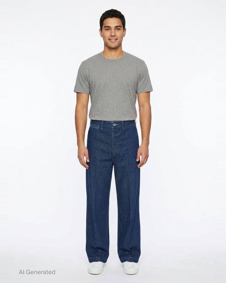 visvim Broader Wide-Leg Jeans in medium indigo denim, shown flat with a high-rise waist, pressed front crease, and wide straight-leg silhouette - front