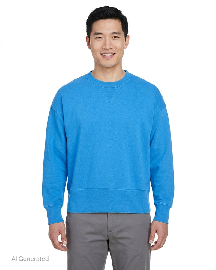visvim Court long sleeve sweatshirt in bright blue custom cotton with V-gusset, ribbed crewneck, cuffs, and hem - front
