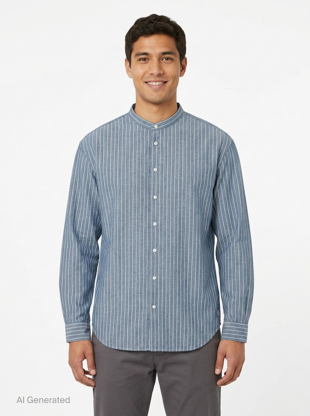 visvim Ingall Long Sleeve Shirt in blue chambray with white pinstripes, featuring a Mandarin band collar, cream button placket, and double-stripe cuff detailing - front