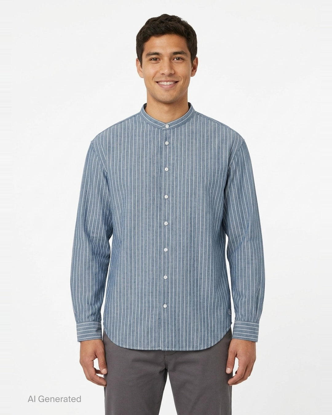 visvim Ingall Long Sleeve Shirt in blue chambray with white pinstripes, featuring a Mandarin band collar, cream button placket, and double-stripe cuff detailing - front