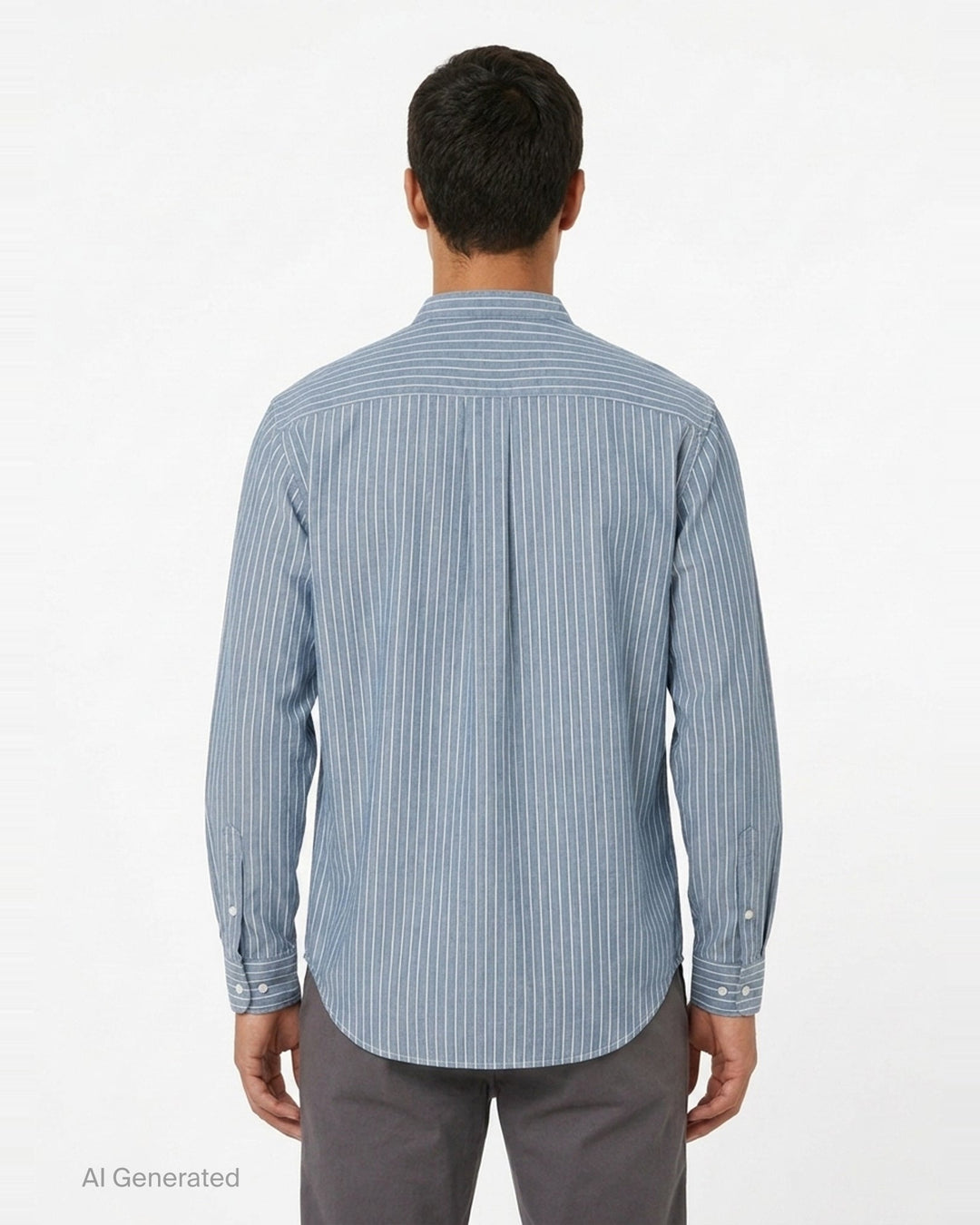 visvim Ingall Long Sleeve Shirt in blue chambray with white pinstripes, featuring a Mandarin band collar, cream button placket, and double-stripe cuff detailing - back
