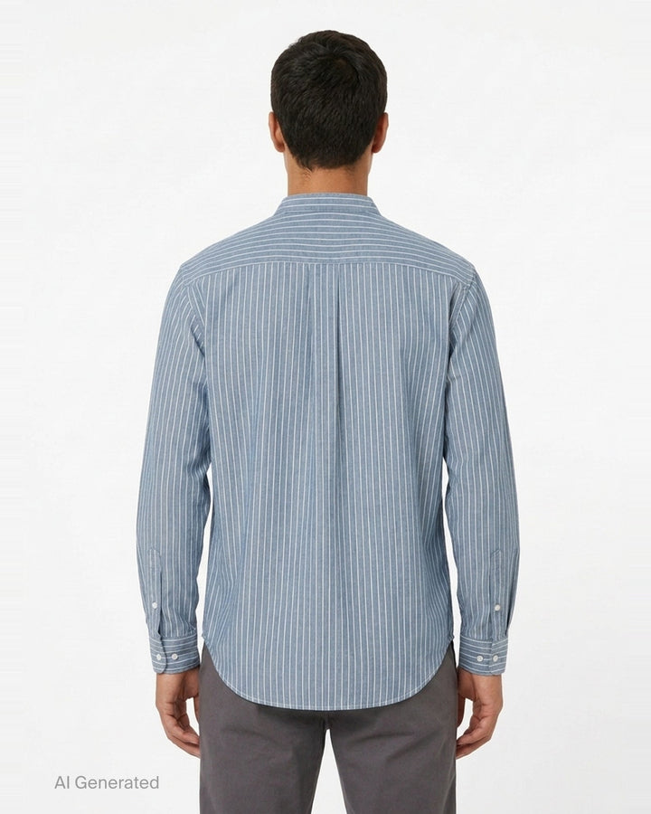 visvim Ingall Long Sleeve Shirt in blue chambray with white pinstripes, featuring a Mandarin band collar, cream button placket, and double-stripe cuff detailing - back