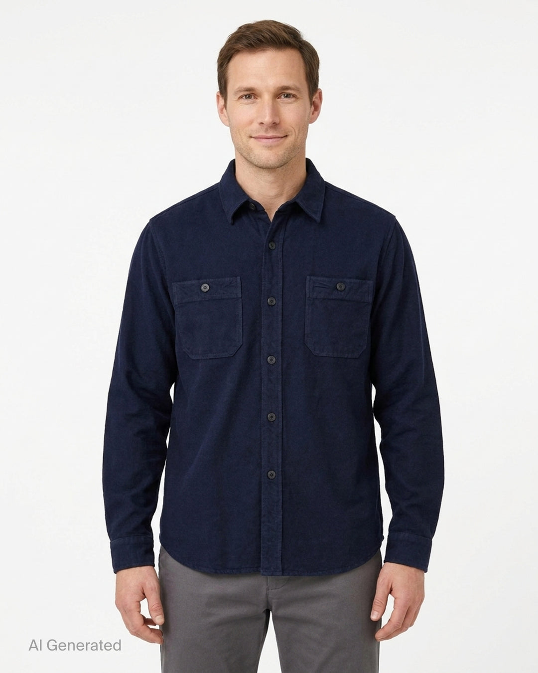 visvim Larrikan long sleeve shirt in navy with two button-flap chest pockets and dark buttons, shown from the front - front