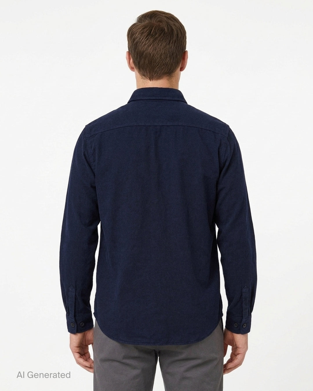 visvim Larrikan long sleeve shirt in navy with two button-flap chest pockets and dark buttons, shown from the front - back