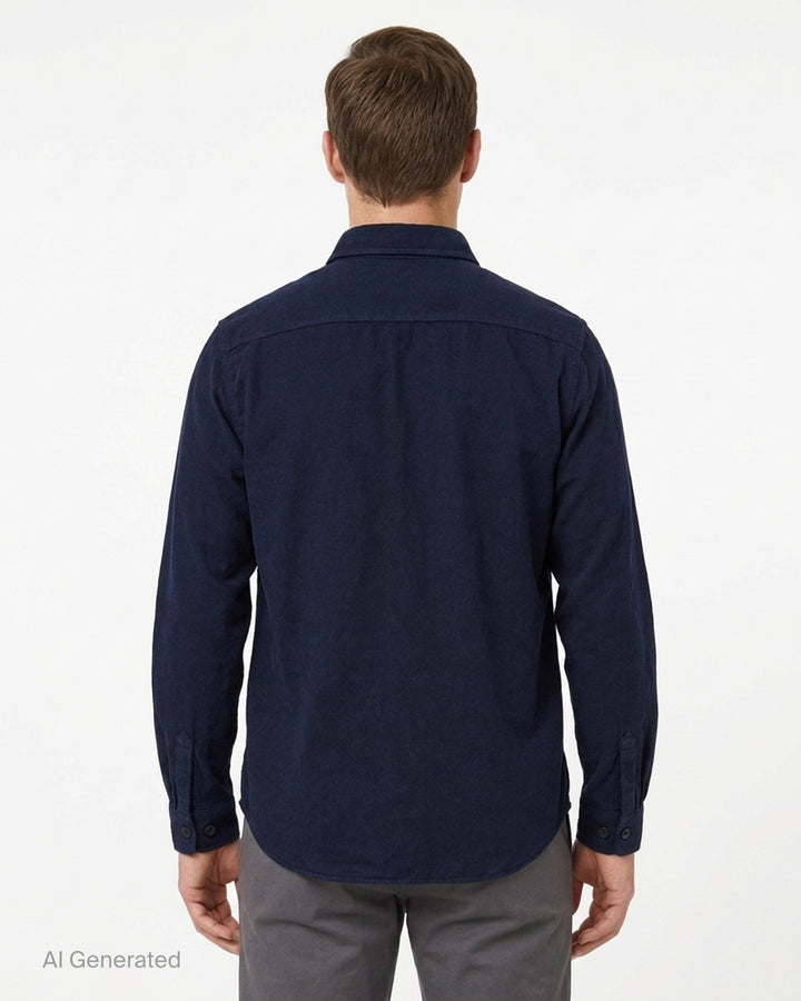 visvim Larrikan long sleeve shirt in navy with two button-flap chest pockets and dark buttons, shown from the front - back