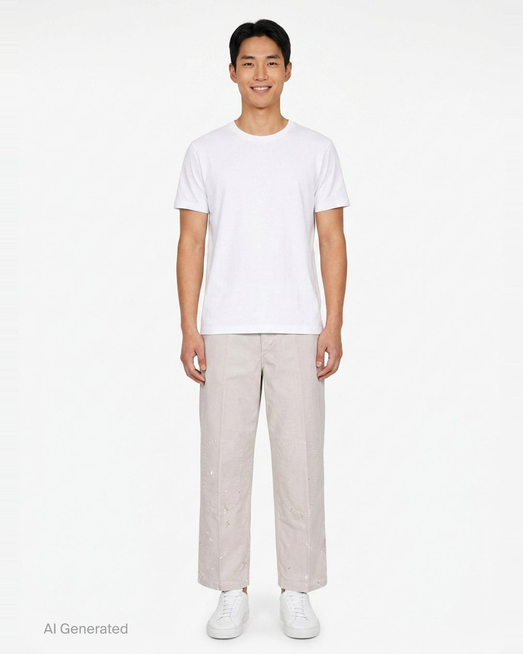 visvim Survey Damaged Pants in light stone, wide-leg silhouette with paint-splatter distressing on lower leg panels, front view on white background - front