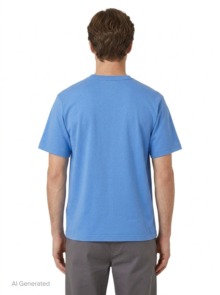 visvim Tiger Man Jumbo Short Sleeve Tee in cornflower blue, featuring a hand-drawn style striped tiger graphic with white script lettering above and below, laid flat on a white background - back