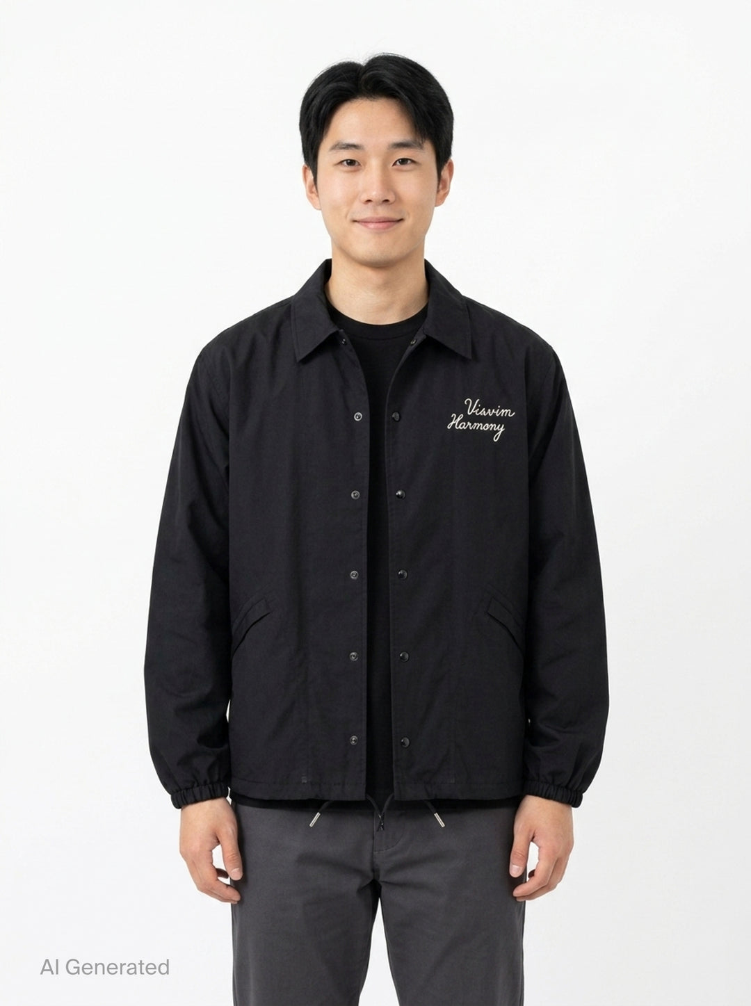 visvim Windfall Coach Jacket in black with embroidered Harmony script, snap-button front closure, and elasticated cuffs - front