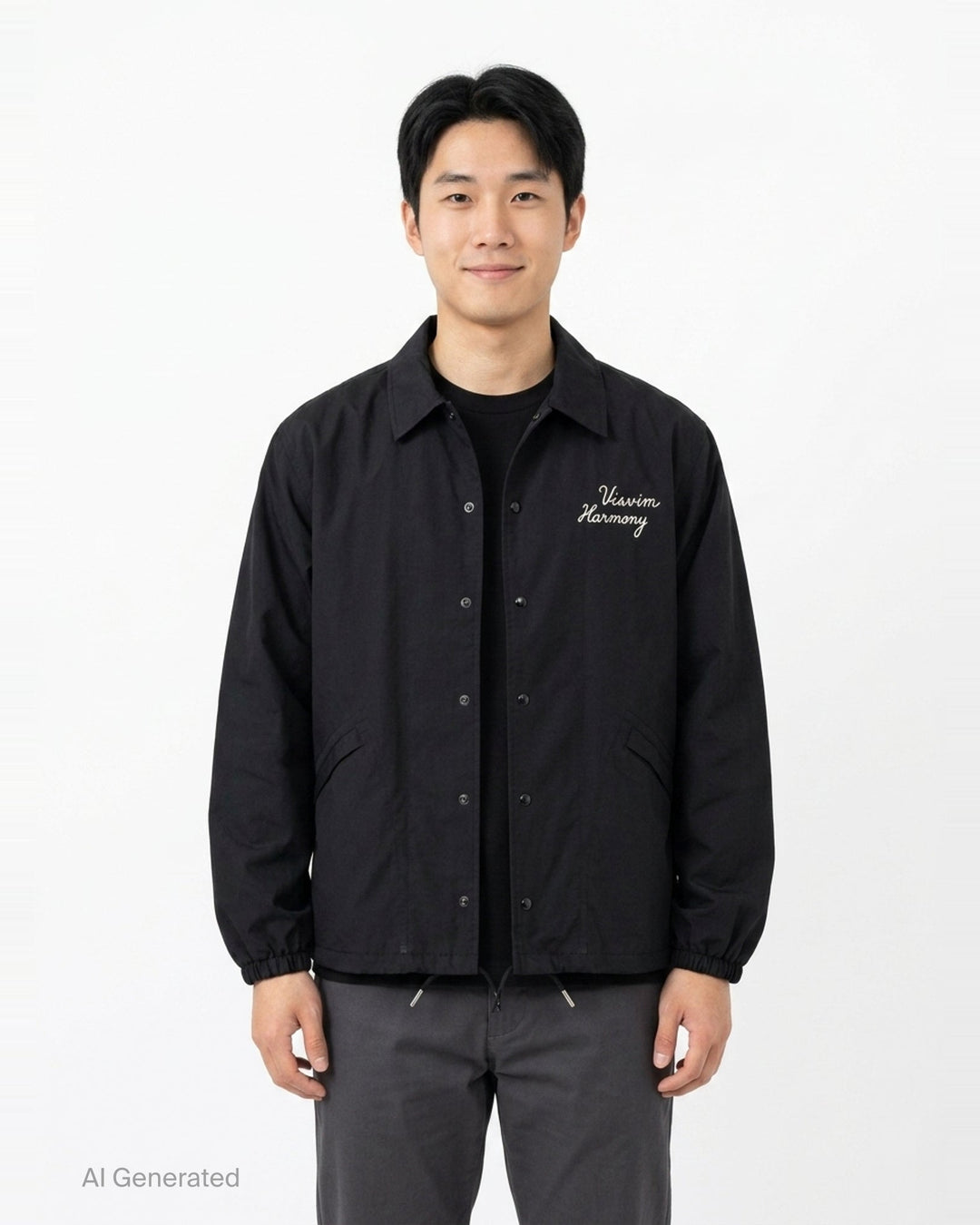 visvim Windfall Coach Jacket in black with embroidered Harmony script, snap-button front closure, and elasticated cuffs - front