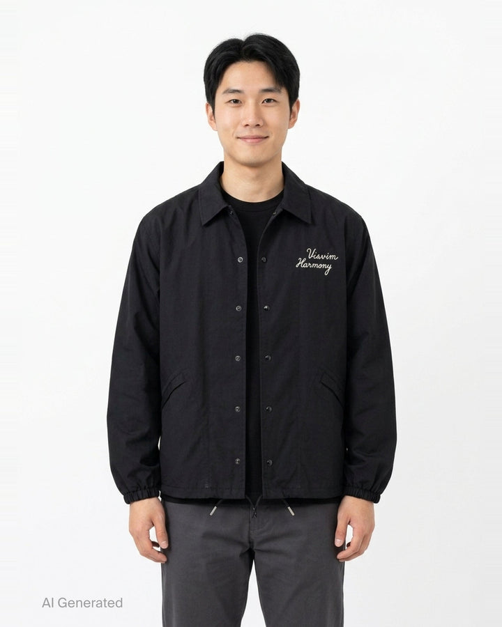visvim Windfall Coach Jacket in black with embroidered Harmony script, snap-button front closure, and elasticated cuffs - front