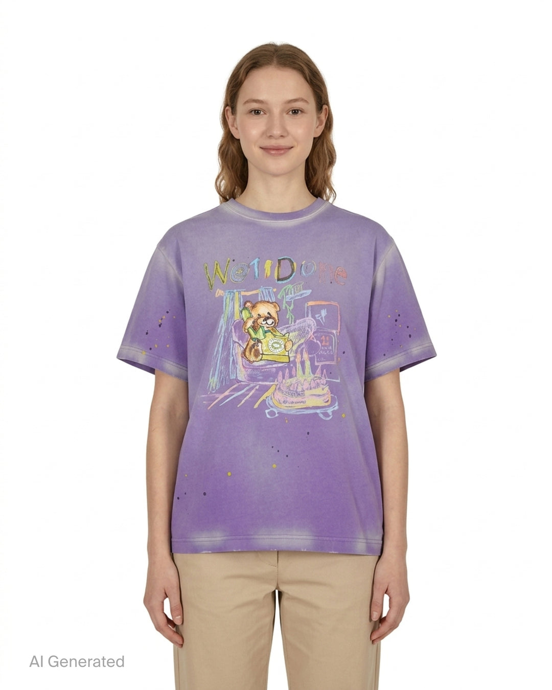 We11done Anniversary Teddy Graphic Tee in washed purple featuring a crayon-style teddy bear birthday illustration, multicolour logo lettering, and paint splatter details on an oversized cotton silhouette - front