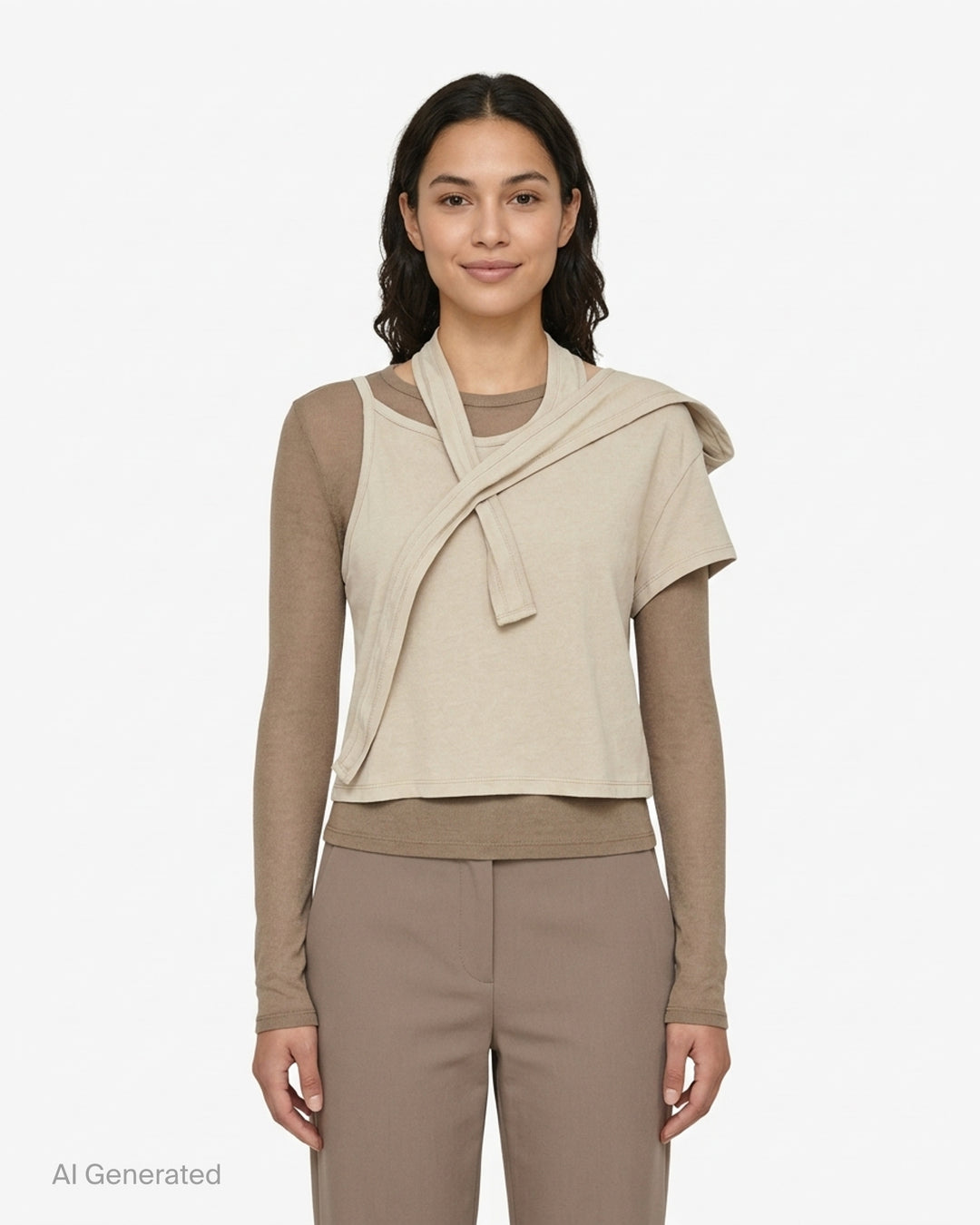 We11done beige layered jersey top with draped chest band over a brown fitted long-sleeve underlayer - front