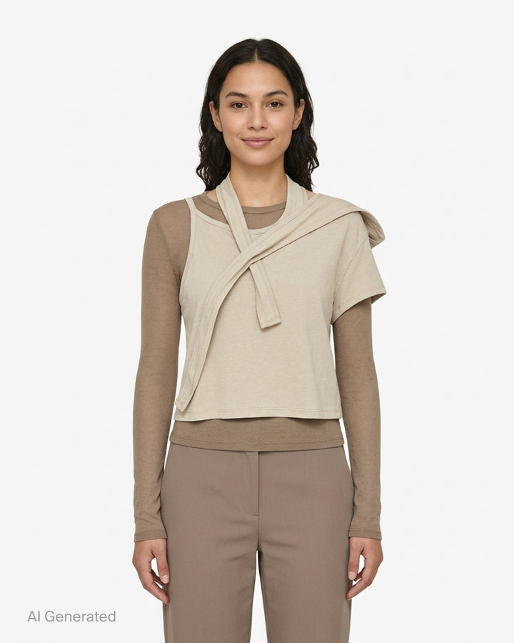 We11done beige layered jersey top with draped chest band over a brown fitted long-sleeve underlayer - front