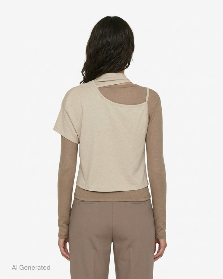 We11done beige layered jersey top with draped chest band over a brown fitted long-sleeve underlayer - back