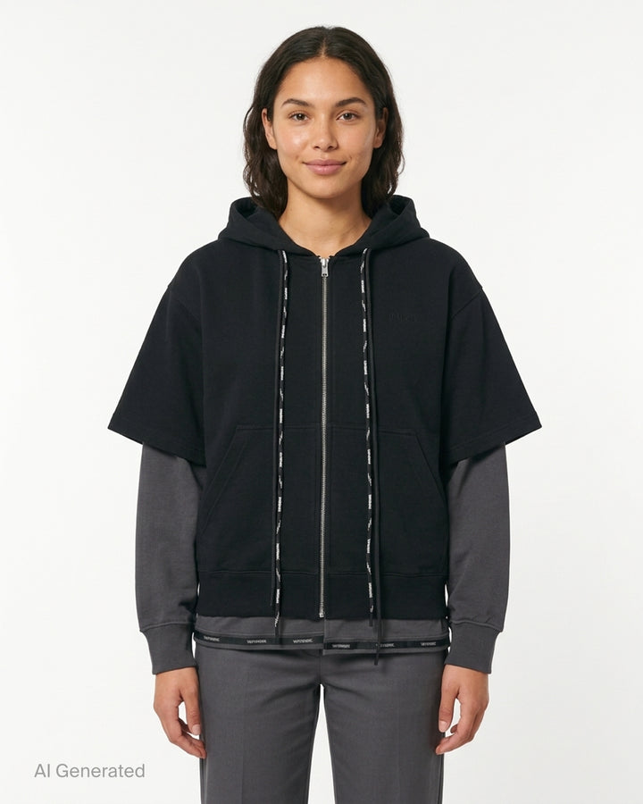 We11done Black Layered Double String Hoodie with contrast charcoal grey extended sleeves, full-length zip closure, logo drawstrings, and branded ribbed hem — front view - front