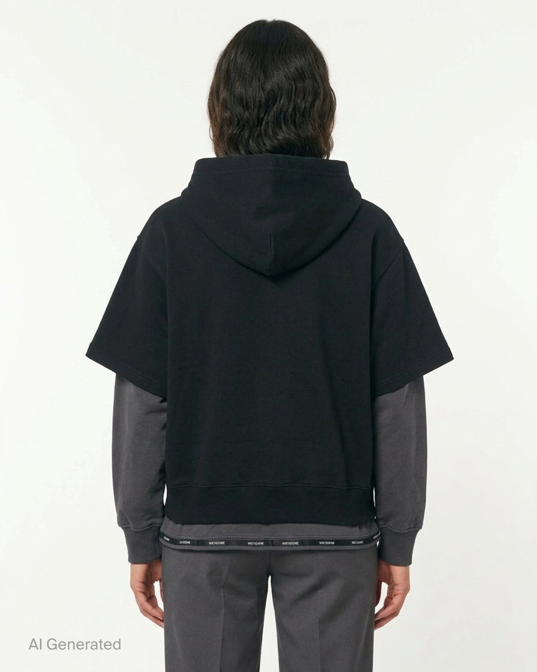 We11done Black Layered Double String Hoodie with contrast charcoal grey extended sleeves, full-length zip closure, logo drawstrings, and branded ribbed hem — front view - back
