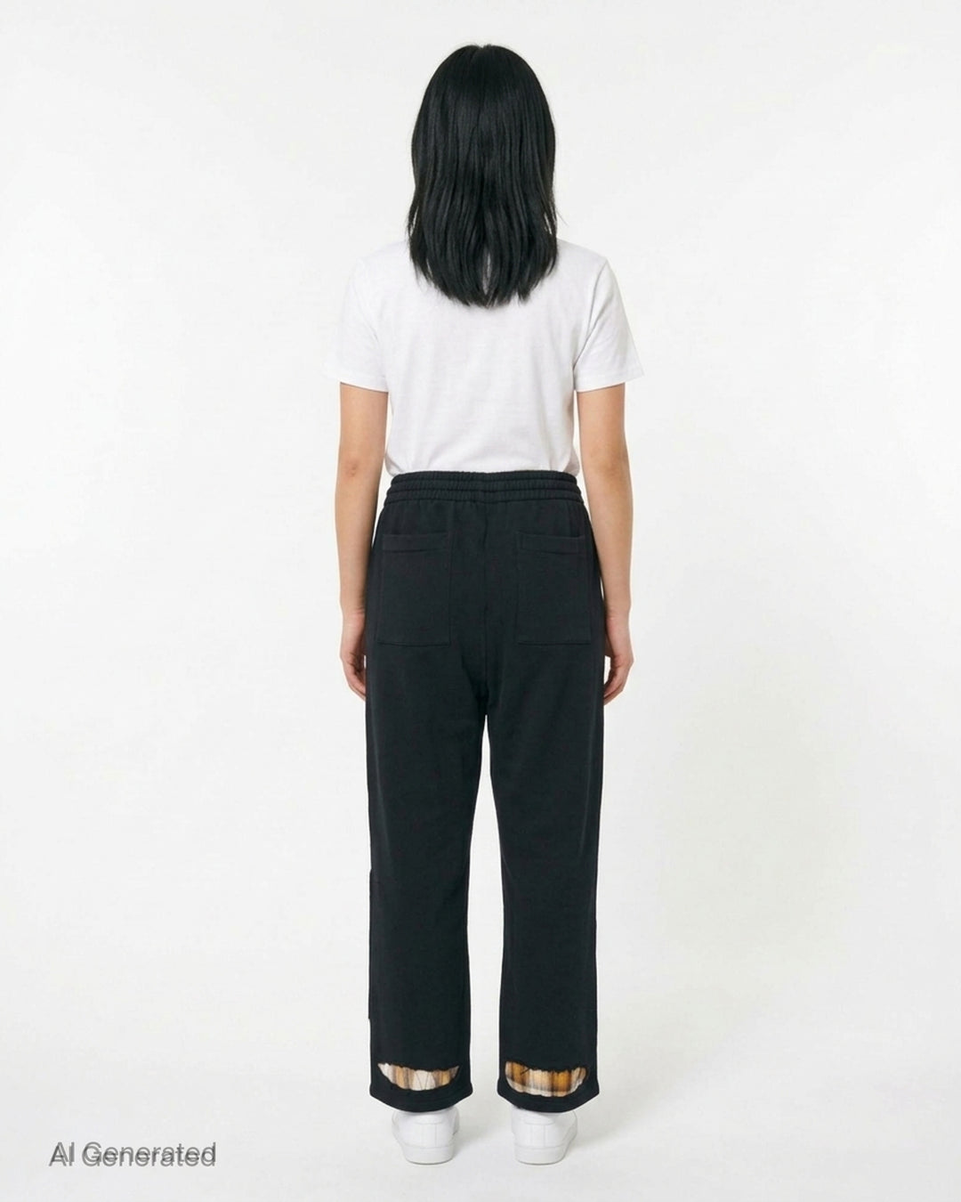 We11done Black Repaired Sweatpants with amber tartan plaid knee patch and embroidered logo, wide-leg relaxed fit, elasticated waistband, front view on white background - back