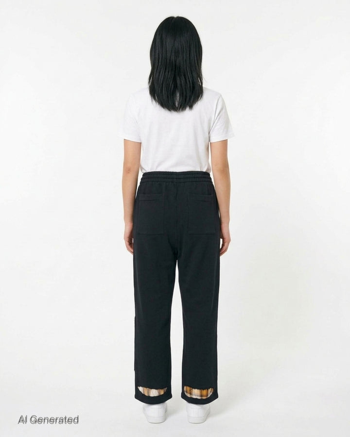 We11done Black Repaired Sweatpants with amber tartan plaid knee patch and embroidered logo, wide-leg relaxed fit, elasticated waistband, front view on white background - back